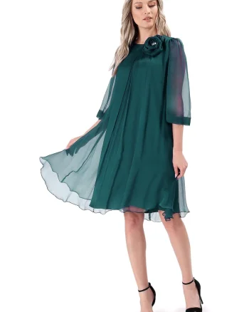 Rochie din voal de matase naturala cu brosa detasabila, Verde smarald