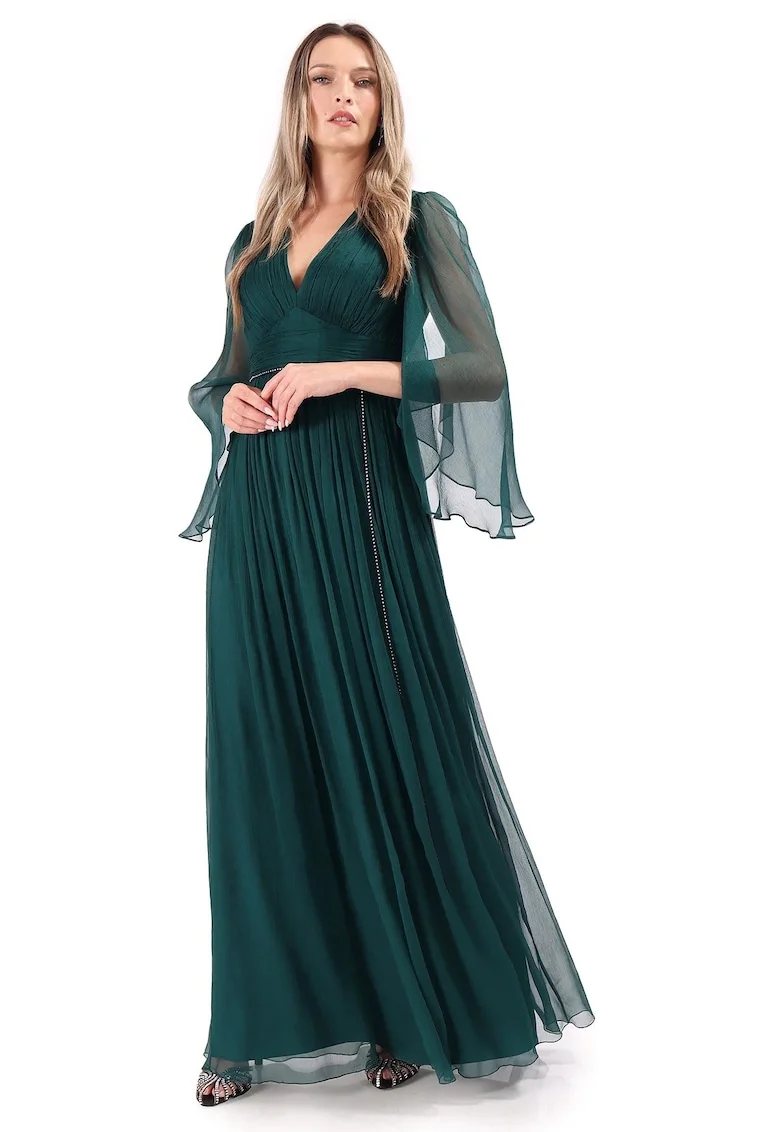 Rochie de seara lunga din voal de matase naturala, Verde smarald