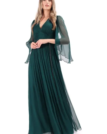 Rochie de seara lunga din voal de matase naturala, Verde smarald