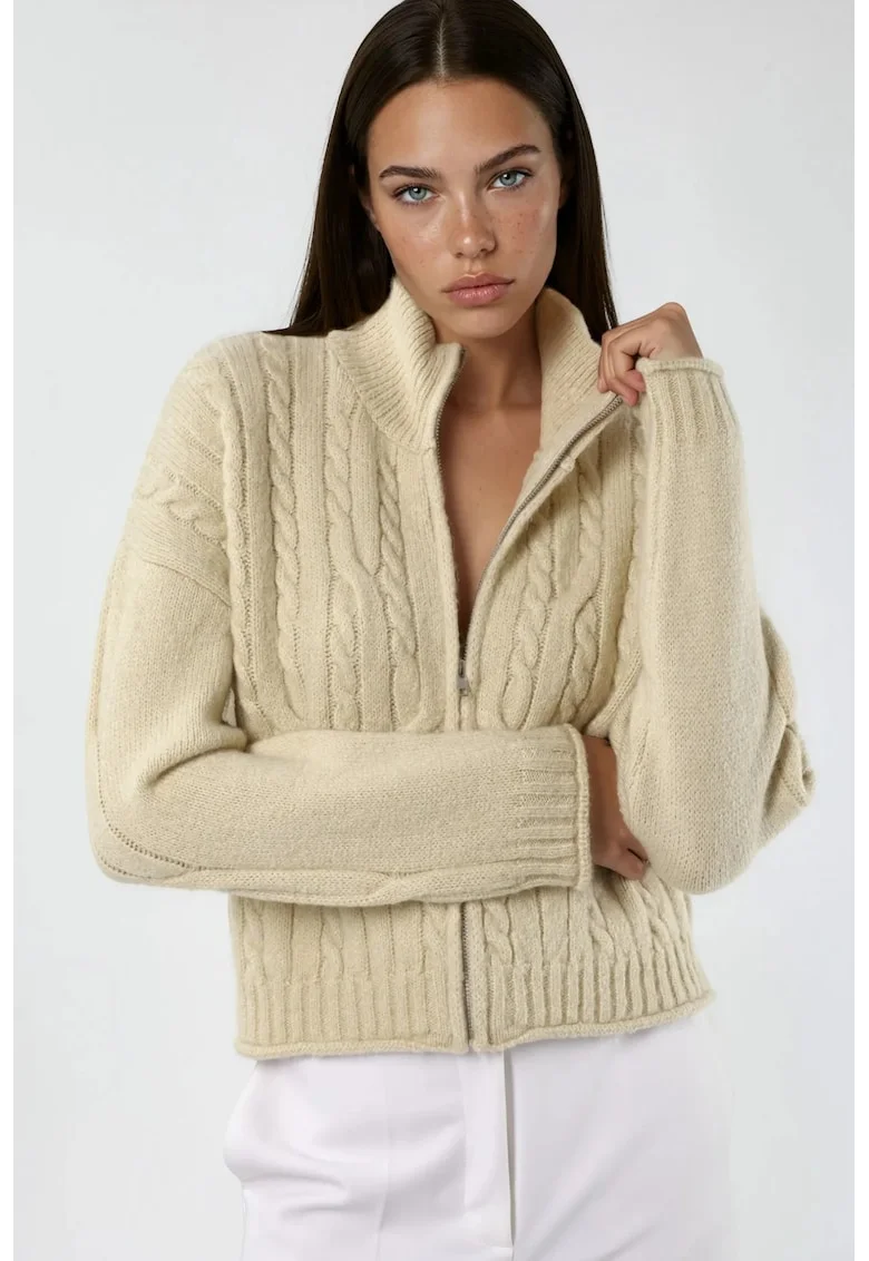 Cardigan tricotat  cu fermoar, bej, acrilic/poliester