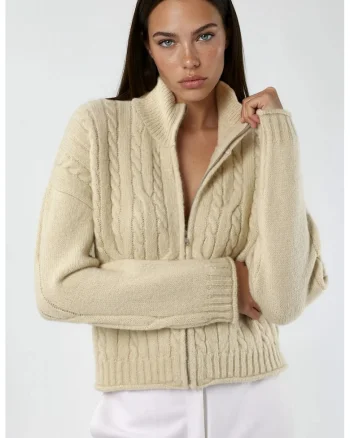 Cardigan tricotat  cu fermoar, bej, acrilic/poliester
