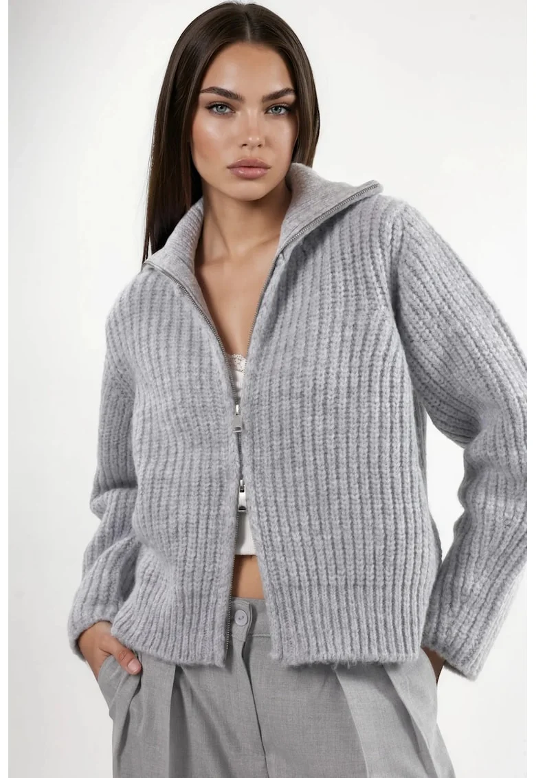 Cardigan Femei  guler inalt, texturat gros, gri deschis