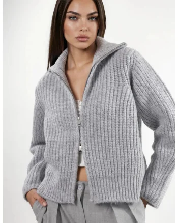Cardigan Femei  guler inalt, texturat gros, gri deschis