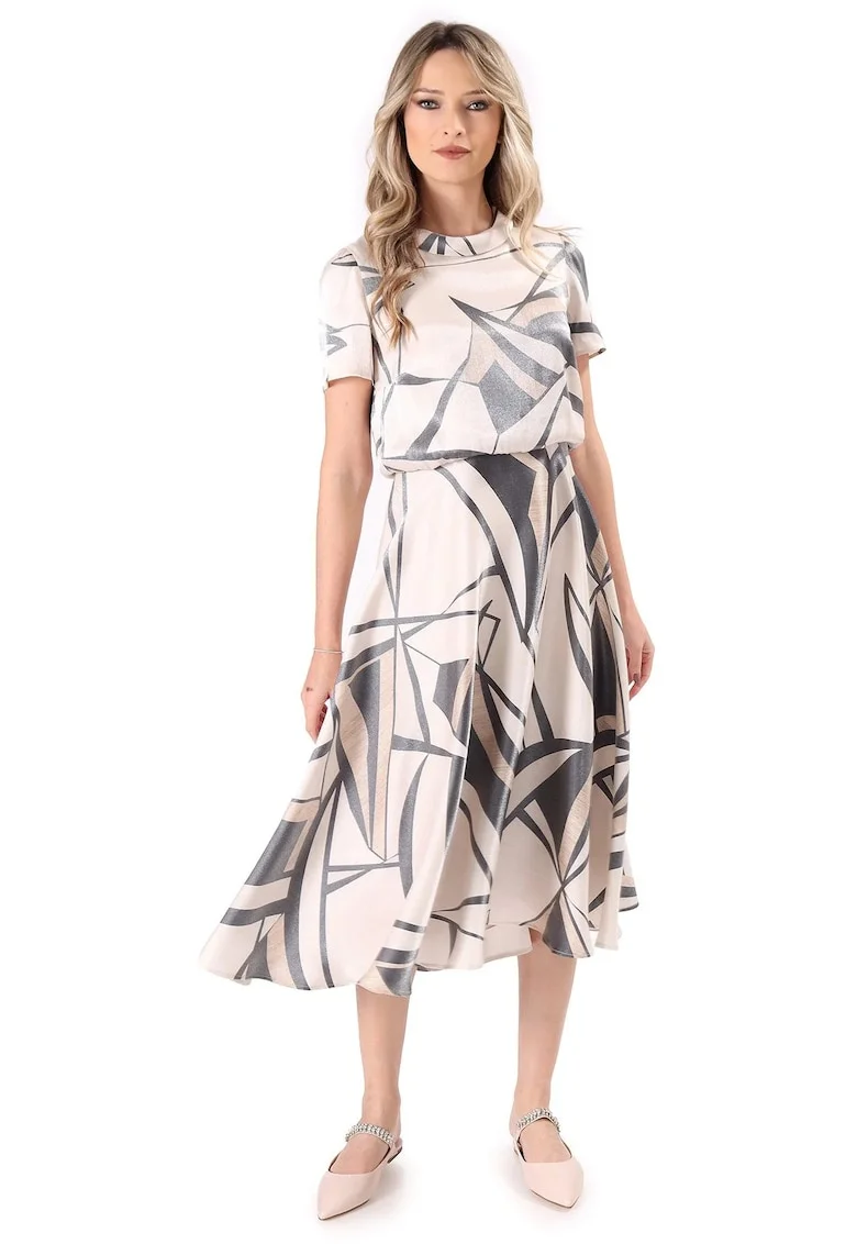 Rochie midi eleganta din viscoza satinata imprimata cu motive geometrice, Bej