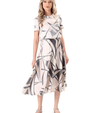 Rochie midi eleganta din viscoza satinata imprimata cu motive geometrice, Bej