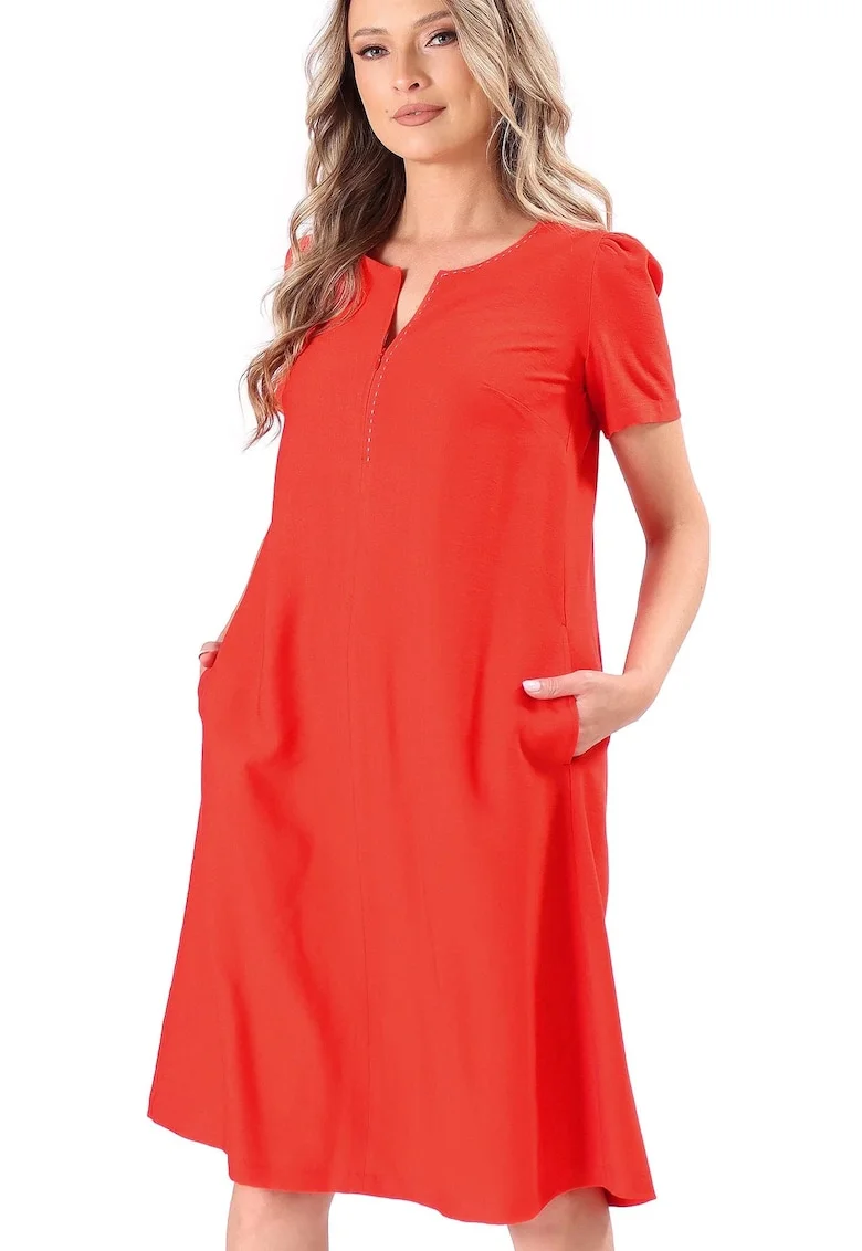 Rochie evazata din viscoza usor creponata, Rosu