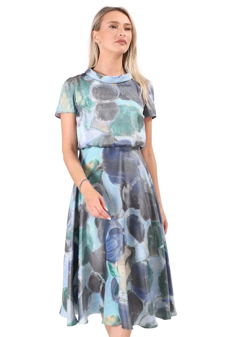 Rochie midi eleganta din viscoza satinata imprimata cu motive geometrice, Albastru deschis
