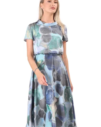 Rochie midi eleganta din viscoza satinata imprimata cu motive geometrice, Albastru deschis