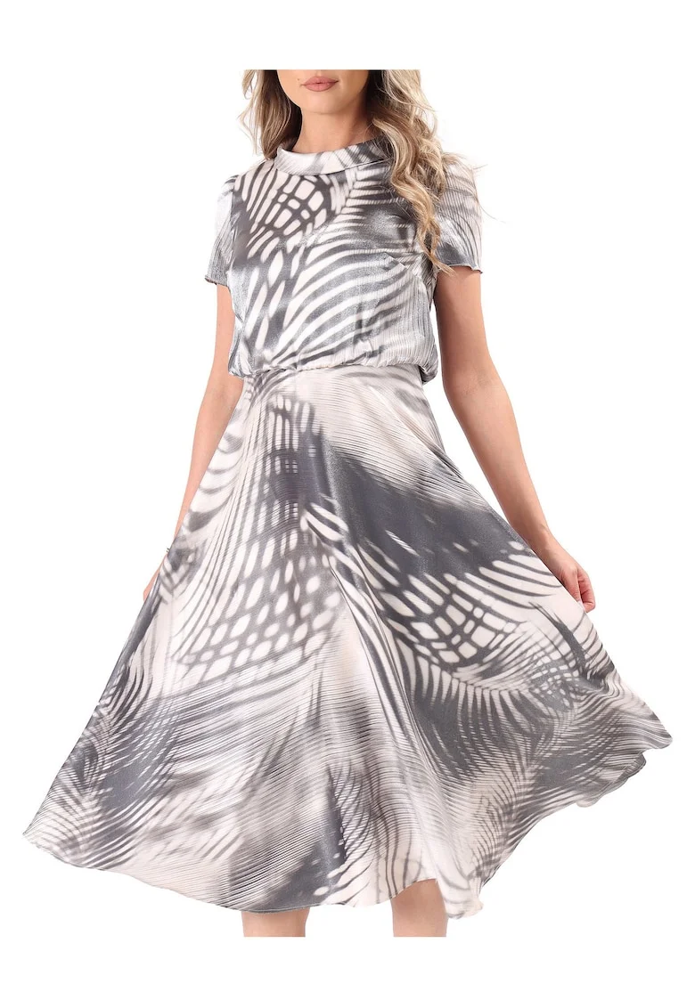 Rochie midi eleganta din viscoza satinata imprimata cu motive geometrice, Gri