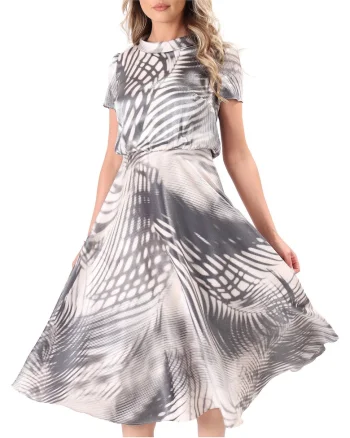 Rochie midi eleganta din viscoza satinata imprimata cu motive geometrice, Gri