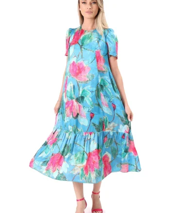 Rochie midi lejera din viscoza cu matase naturala, Albastru