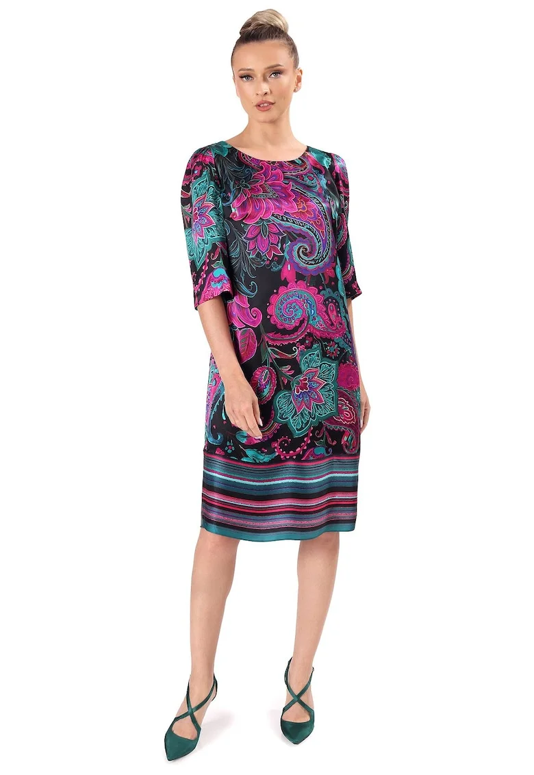 Rochie lejera din matase naturala imprimata cu motive paisley, Mov