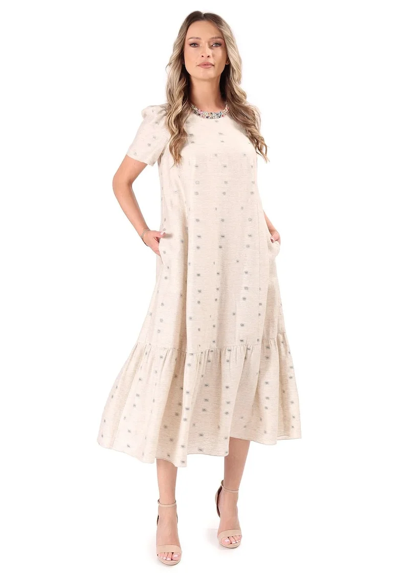 Rochie midi din viscoza cu in si fir metalic, Bej