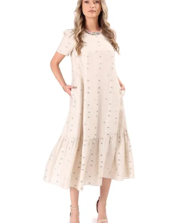 Rochie midi din viscoza cu in si fir metalic, Bej