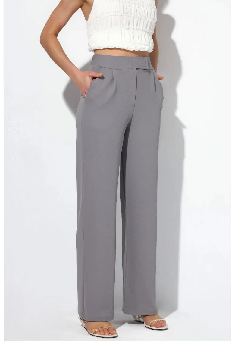 Pantaloni dama  talie inalta, croiala dreapta, gri deschis, poliester-elastan