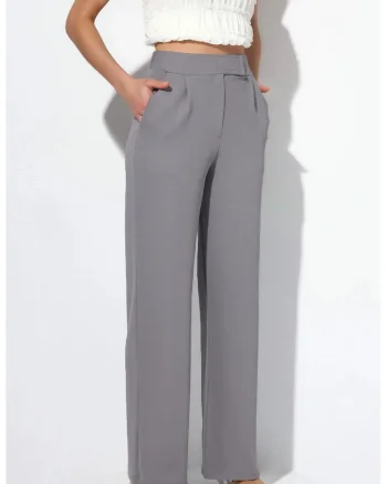 Pantaloni dama  talie inalta, croiala dreapta, gri deschis, poliester-elastan