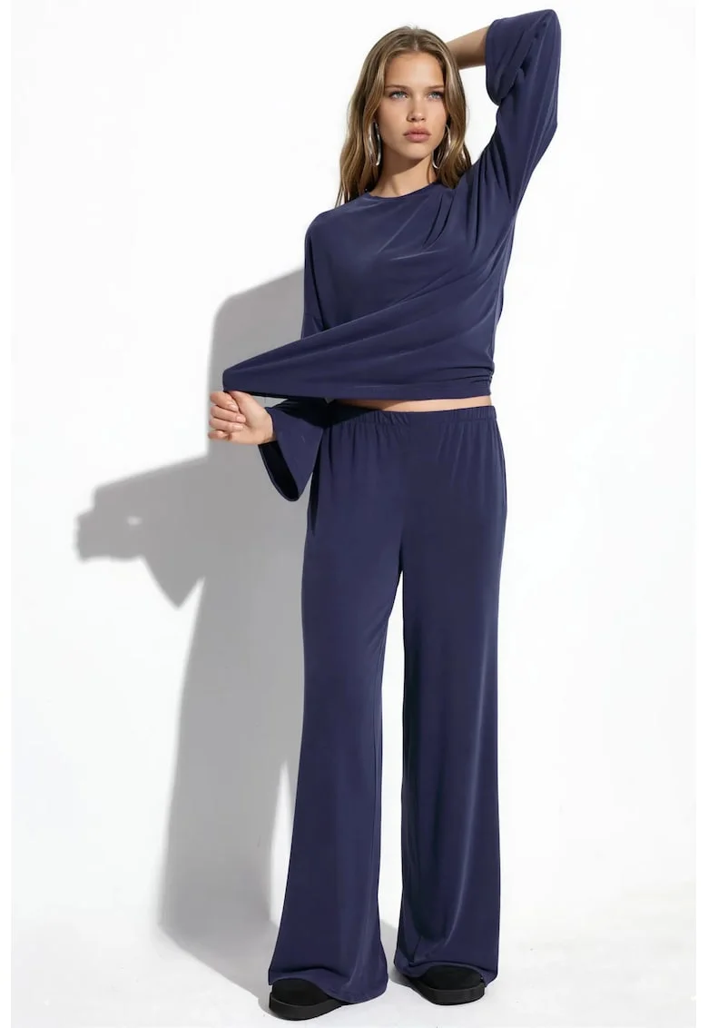 Pantaloni dama,  casual, talie elastica, albastru marin, modal