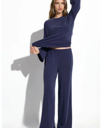 Pantaloni dama,  casual, talie elastica, albastru marin, modal
