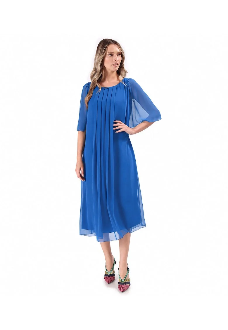 Rochie de ocazie din voal uni cu maneci evazate, Albastru safir