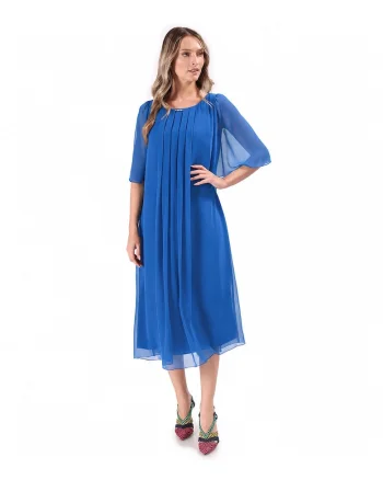 Rochie de ocazie din voal uni cu maneci evazate, Albastru safir