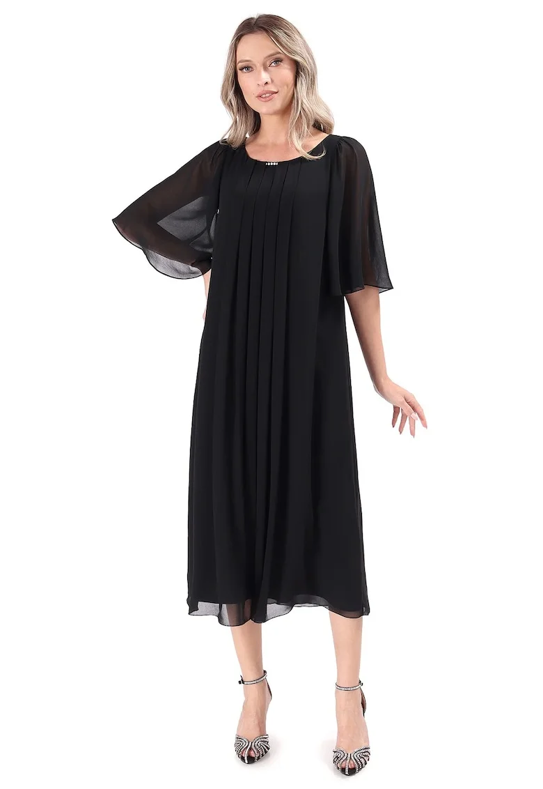 Rochie de ocazie din voal uni cu maneci evazate, Negru