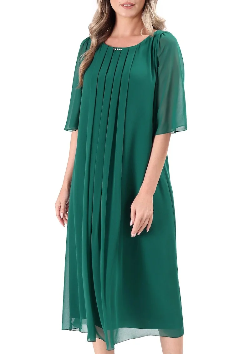 Rochie de ocazie din voal uni cu maneci evazate, Verde