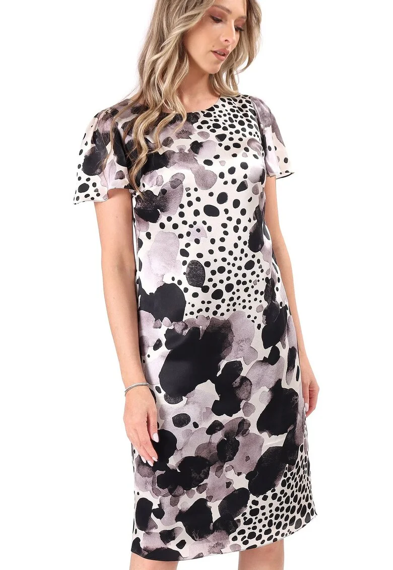 Rochie lejera din matase naturala imprimata cu motive geometrice, Gri