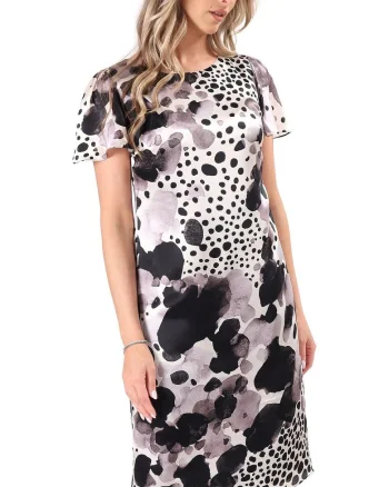Rochie lejera din matase naturala imprimata cu motive geometrice, Gri