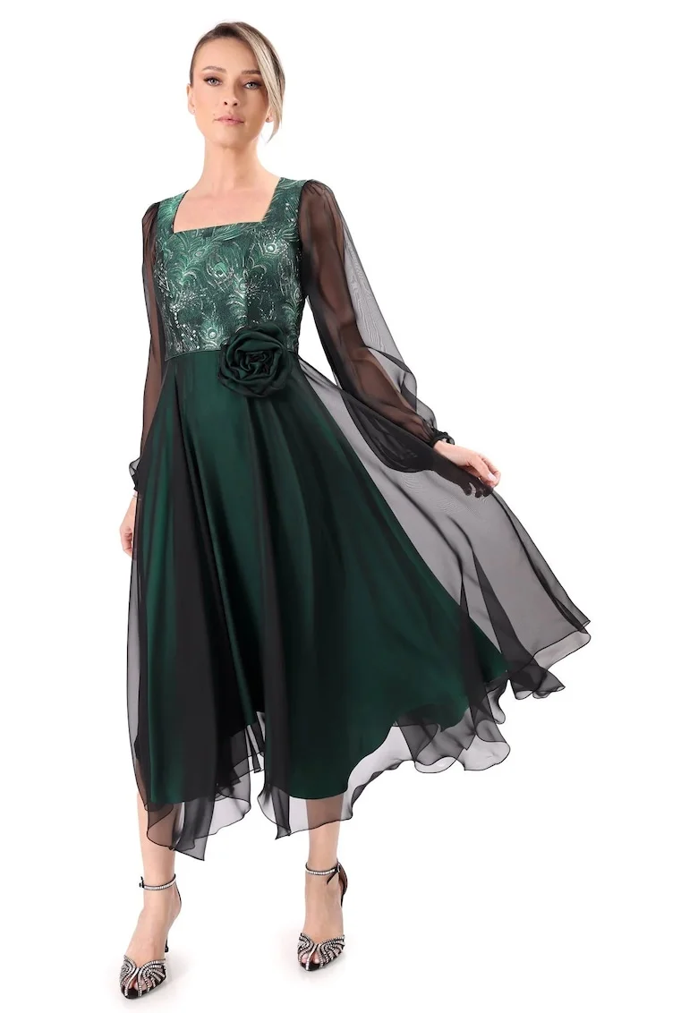 Rochie de seara midi cu bust din brocard cu fir metalic, Verde