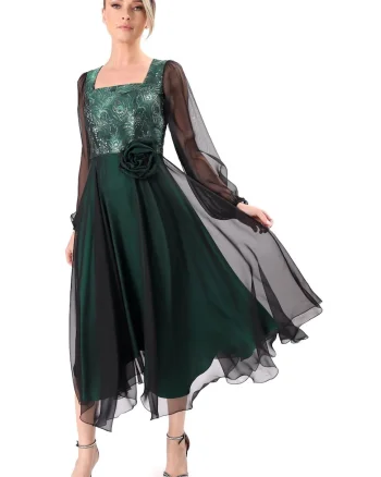 Rochie de seara midi cu bust din brocard cu fir metalic, Verde