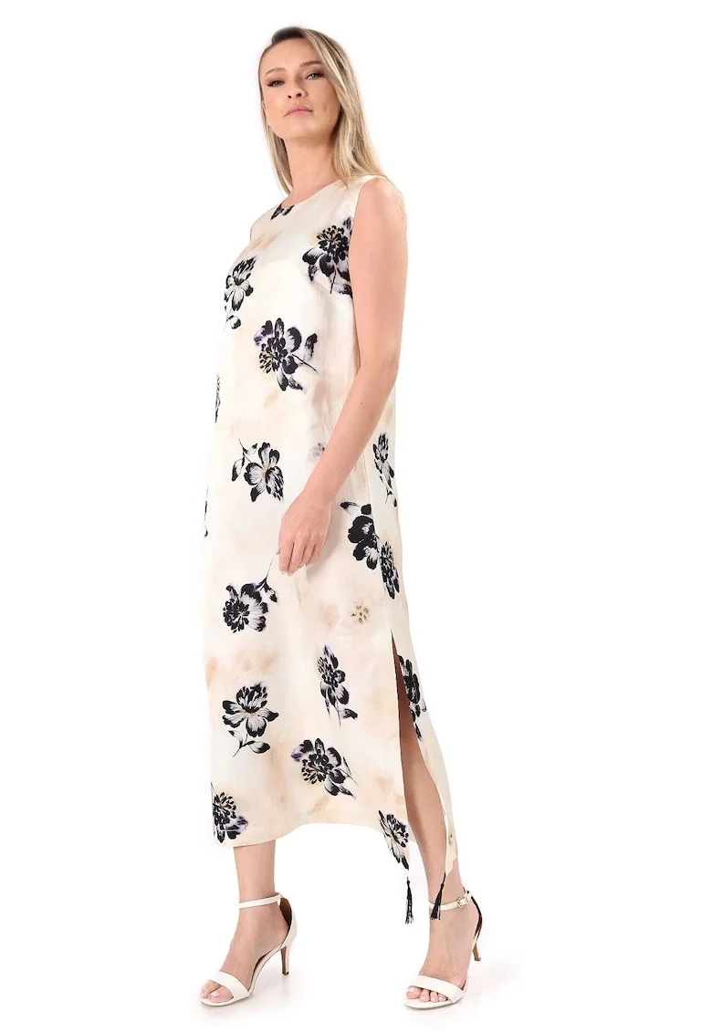 Rochie lunga din viscoza cu in imprimata cu motive florale, Bej