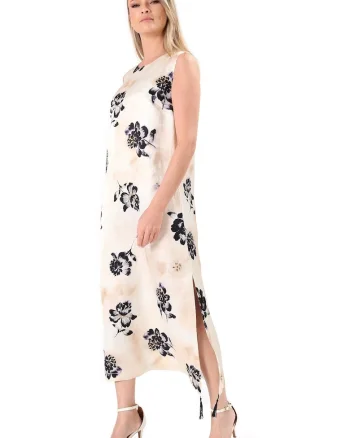 Rochie lunga din viscoza cu in imprimata cu motive florale, Bej
