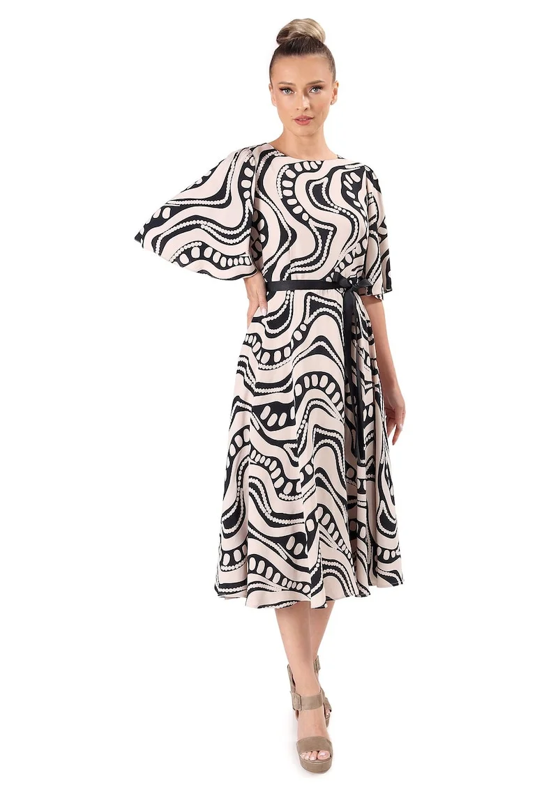 Rochie midi din viscoza imprimata cu motive geometrice, Bej