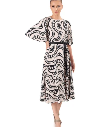 Rochie midi din viscoza imprimata cu motive geometrice, Bej