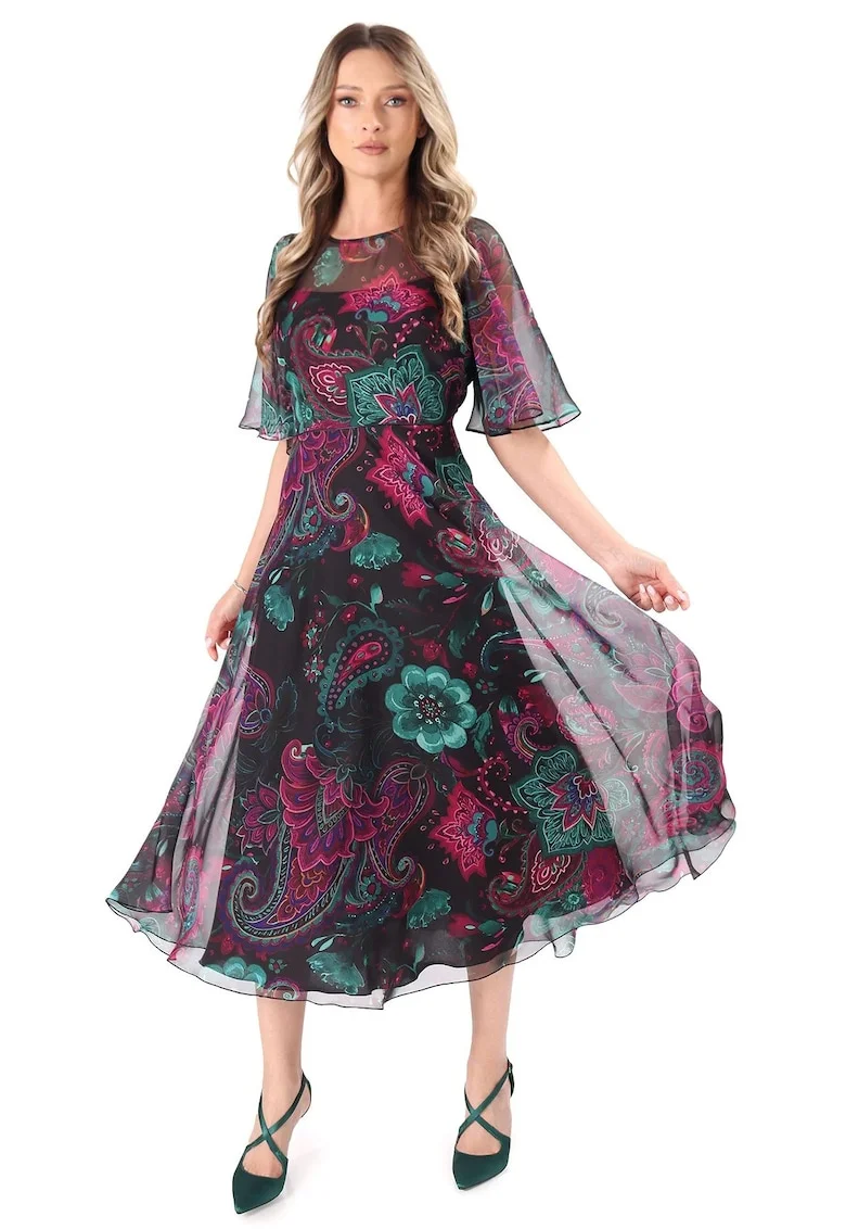 Rochie fluture din voal imprimat digital cu motive florale, Mov