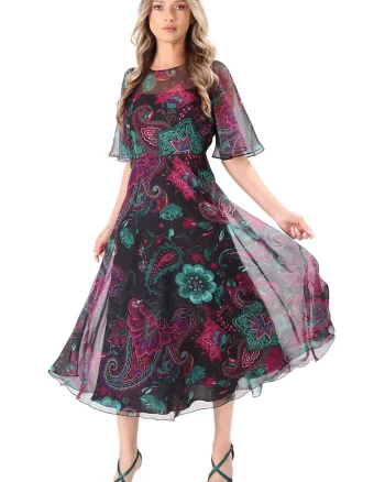 Rochie fluture din voal imprimat digital cu motive florale, Mov