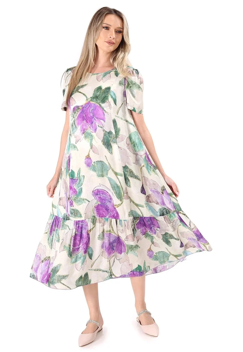 Rochie midi lejera din viscoza cu matase naturala, Bej