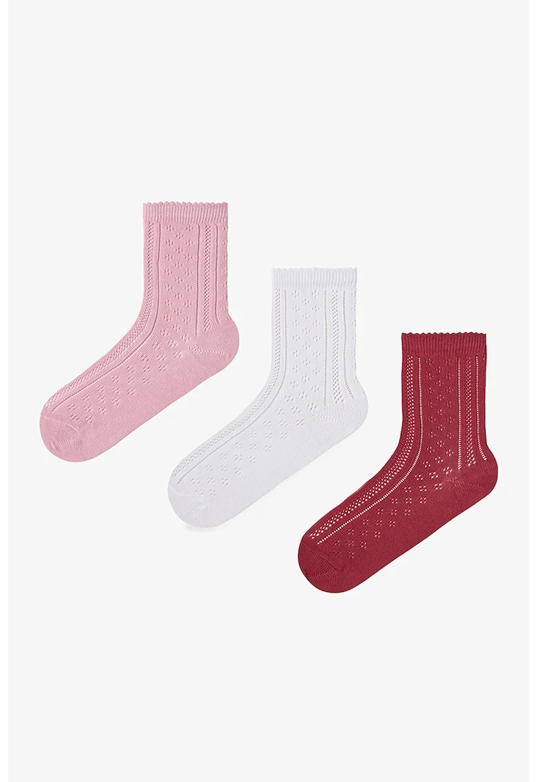 Set de 3 perechi de sosete scurte cu model pointelle, Alb/Visiniu/Roz prafuit