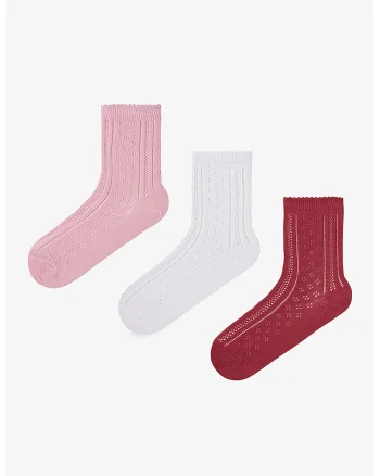 Set de 3 perechi de sosete scurte cu model pointelle, Alb/Visiniu/Roz prafuit