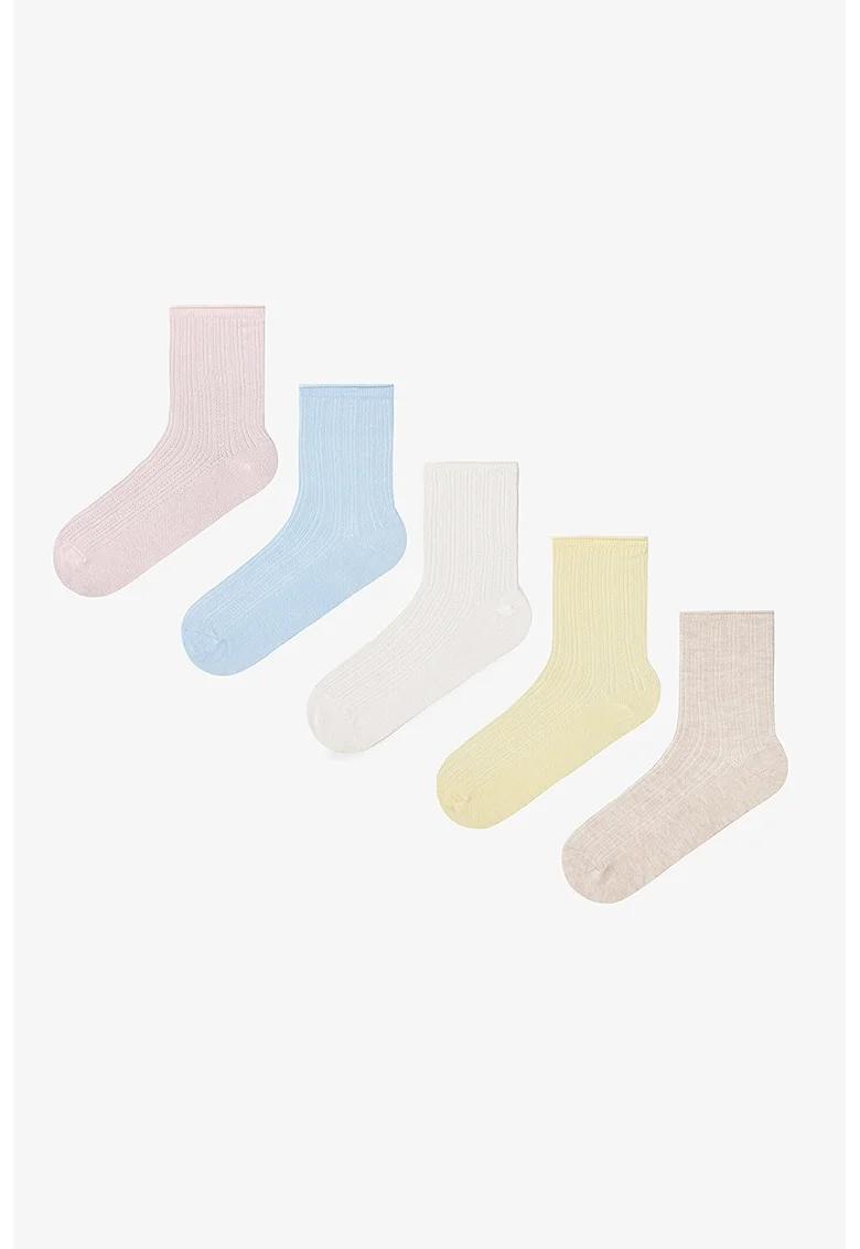 Set de 5 perechi de sosete scurte, Albastru pastel/Galben pastel/Alb murdar/Roz pal