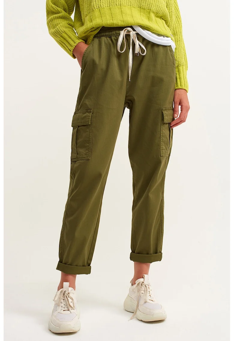 Pantaloni cargo cu snur de ajustare in talie, Verde masliniu