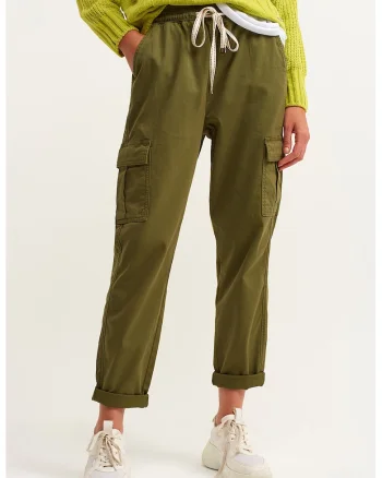 Pantaloni cargo cu snur de ajustare in talie, Verde masliniu