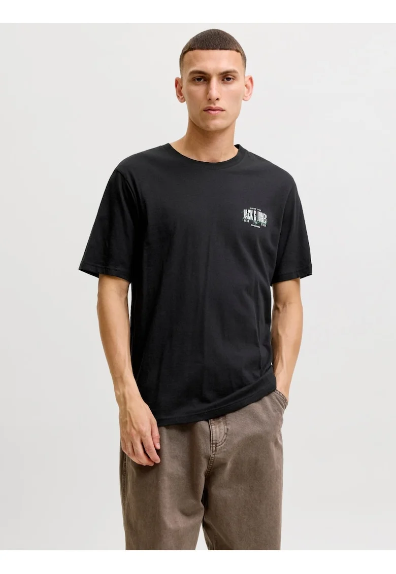 Tricou barbati la baza gatului, din bumbac, Regular Fit, JJAERO, Negru