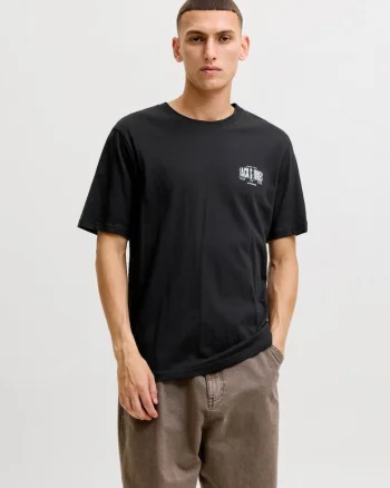 Tricou barbati la baza gatului, din bumbac, Regular Fit, JJAERO, Negru