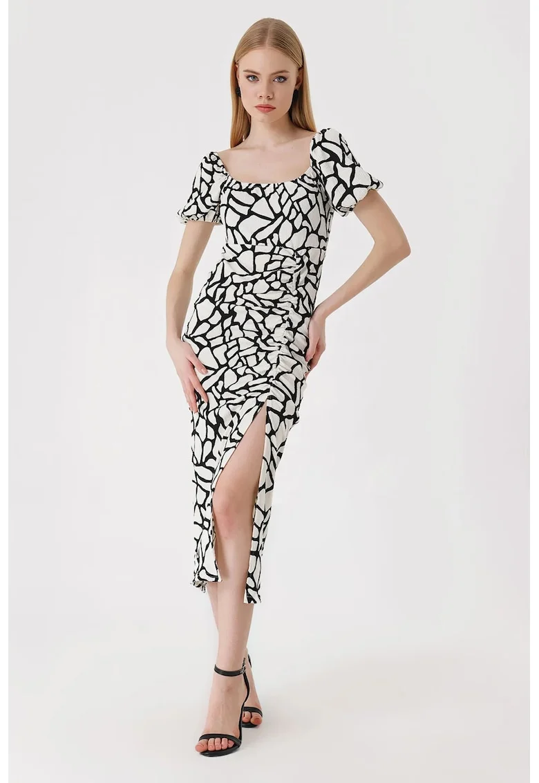 Rochie midi tricotata dama HiCCUP, decolteu patrat, poliester/lycra, alb/negru