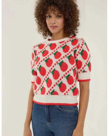 Pulover dama,  tricotat cu maneca scurta, model unic, rosu, acril