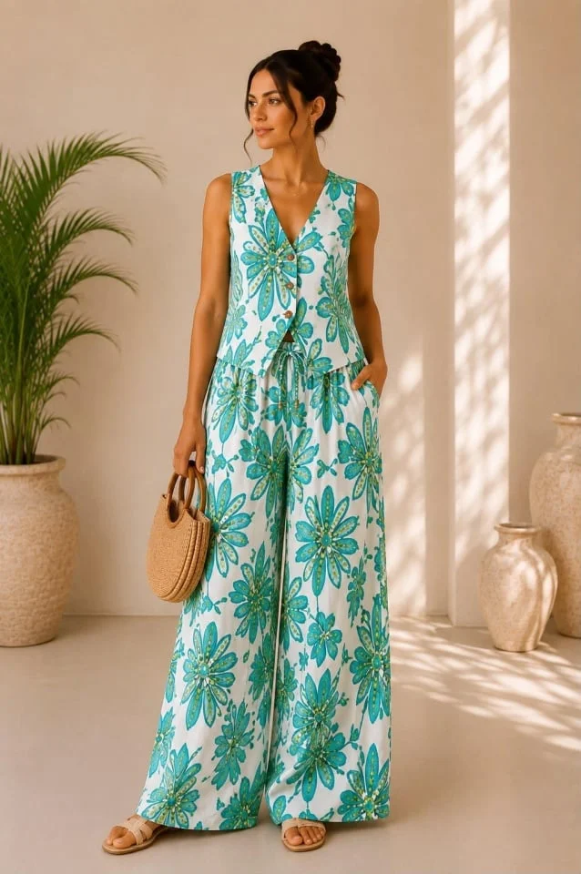 Compleu vaporos Arioso, imprimeu mediteranean, pantaloni palazzo si vesta, Verde