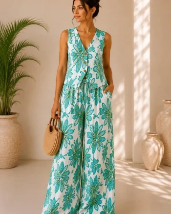 Compleu vaporos Arioso, imprimeu mediteranean, pantaloni palazzo si vesta, Verde