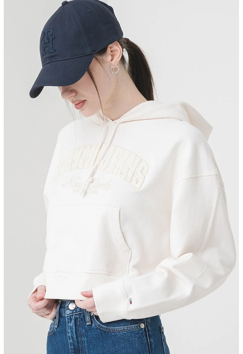 Hanorac crop cu logo brodat, Crem