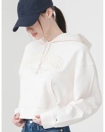 Hanorac crop cu logo brodat, Crem